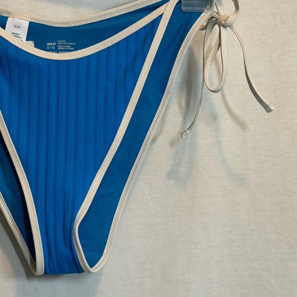 AA-505 Aerie NWT Cheekiest Side Tie Ribbed Blue & White‎ Swim Bikini Bottoms